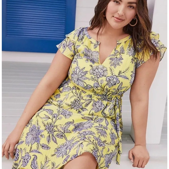 Loft Plus Trellis Garden Ruffle Sleeve Midi Dress Size 26 Yellow Elastic Waist - Picture 1 of 10